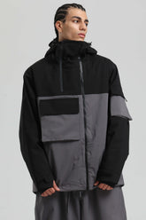 Men's Black & Grey Asym-Zip Utility Pocket Waterproof Snow Jacket